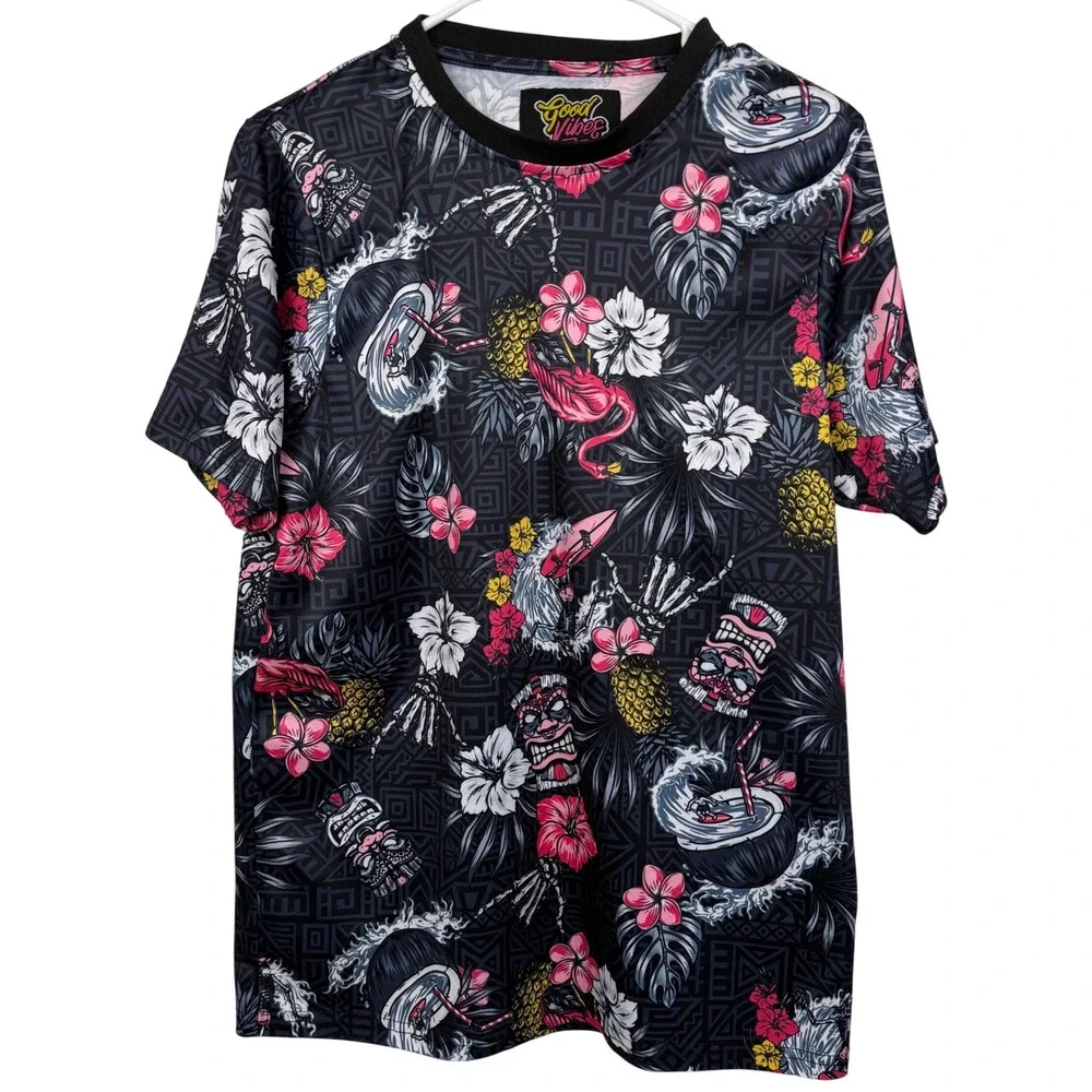 Good Vibes Drill Clothing Co Shirt Mens Medium Black Tropical Tiki Skeleton Surf